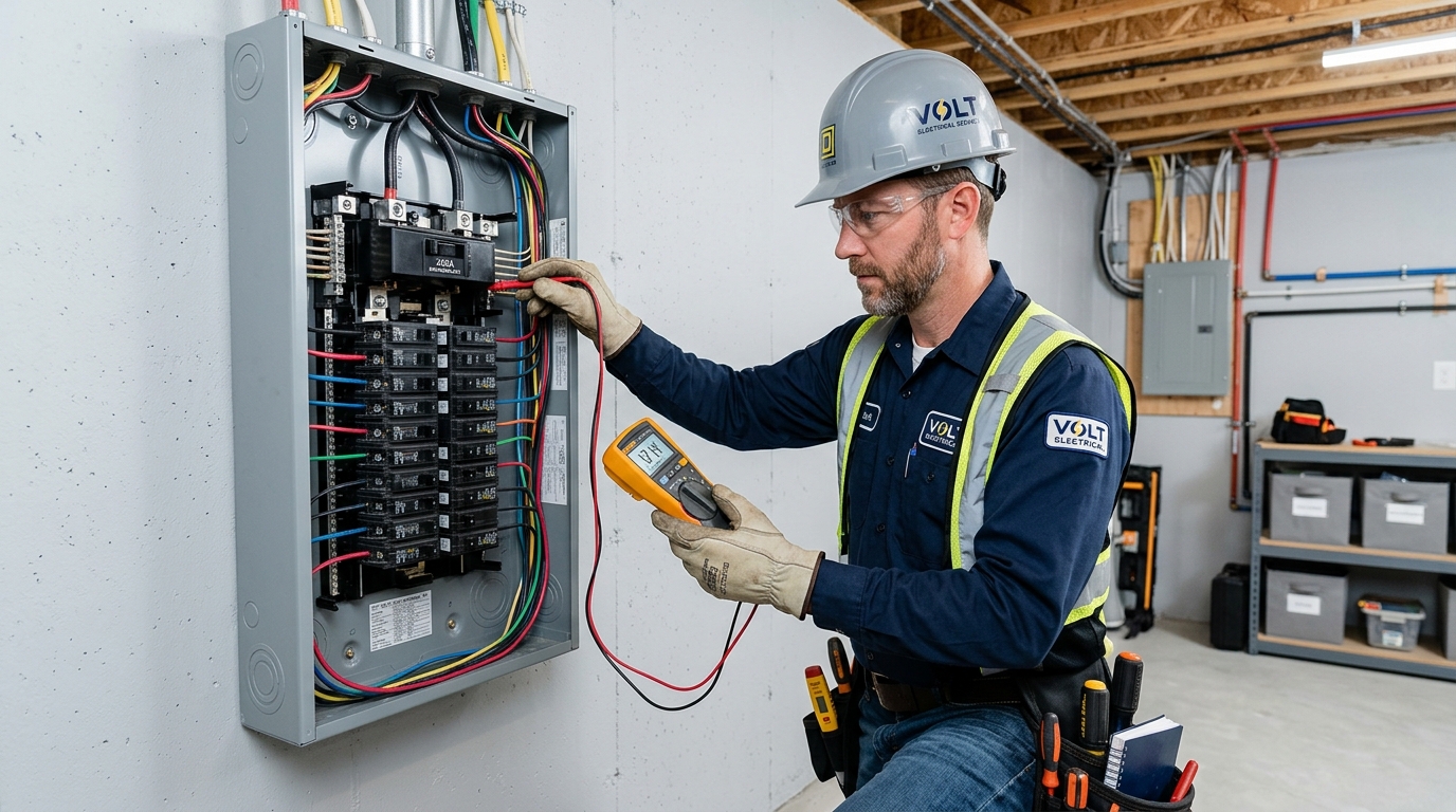 Limitless Electrical Contracting licensed electrician inspecting a 200 amp electrical panel upgrade in an Ajax home